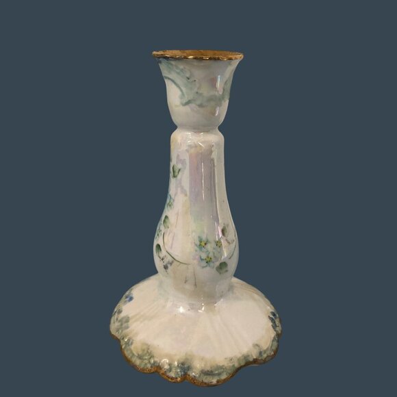 James Kent Old Foley Blue Floral Candle Holder Spano-Lustra Iridescent Glaze - Picture 2 of 8